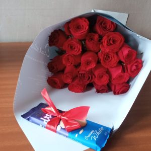 Red bouquet and a chocolate