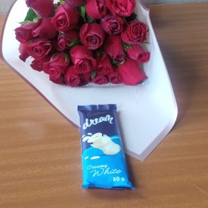 Red bouquet and a chocolate