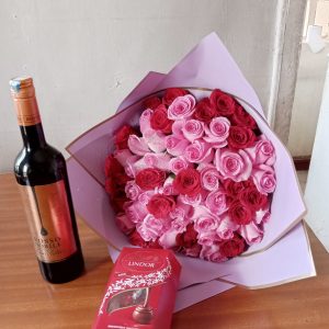 Valentine's bouquet wine and chocolate