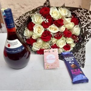 Anniversary bouquet wine and chocolate