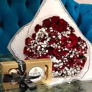 Red roses with baby breath and ferrero chocolate