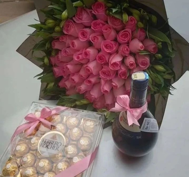 Romantic bouquet wine and ferrero chocolate